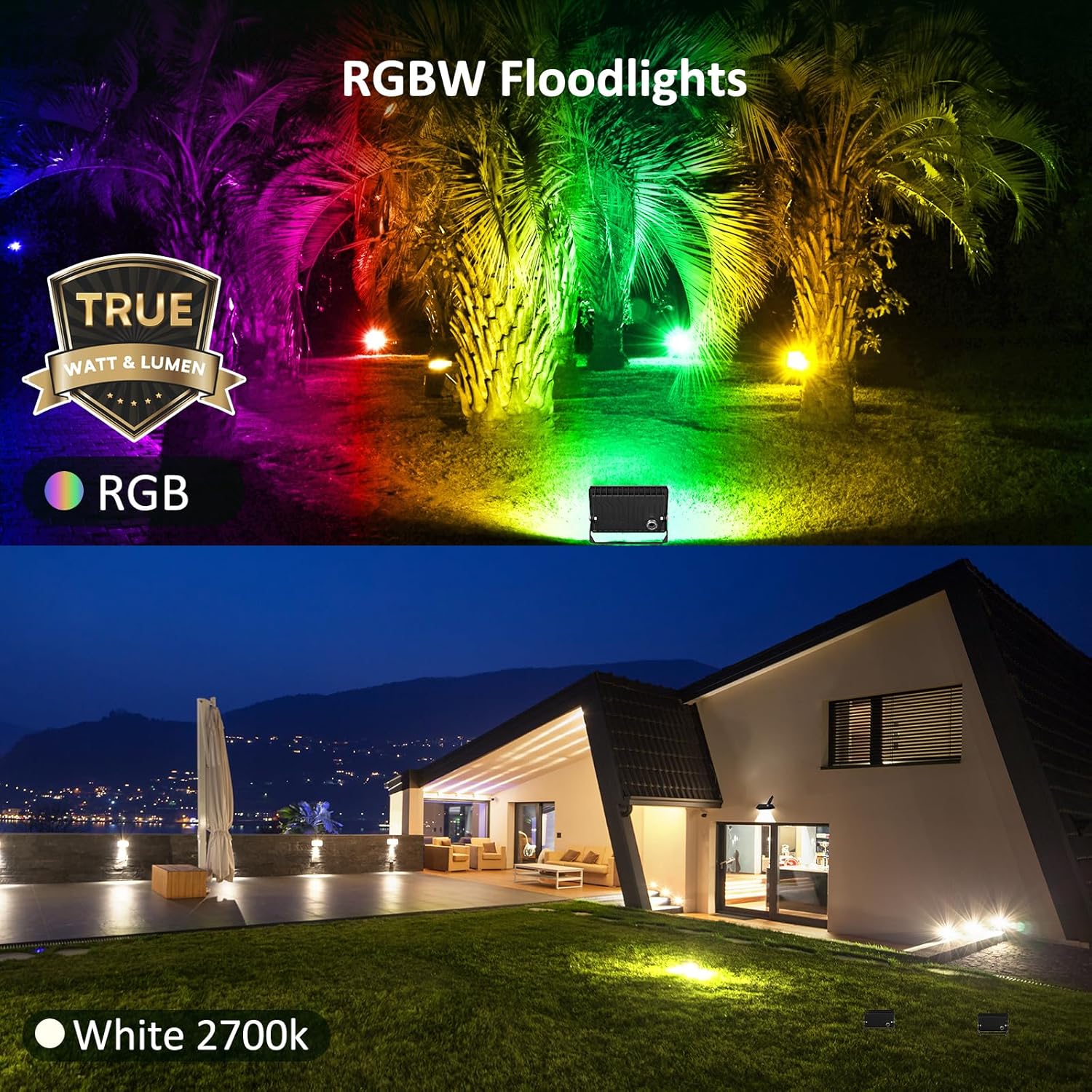 NOVOSTELLA RGBW LED Flood Light Outdoor Interconnected, Color Changing Landscape Floodlights with RF Remote, 2700K White IP66 60W Uplighting for Halloween Christmas, for House Garden Yards Stage